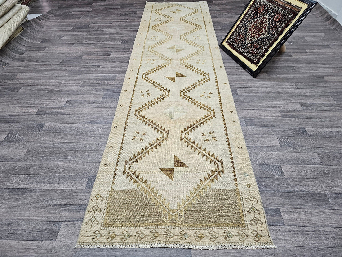 Hand Knotted Runner / 3.30x12.50 feet / Neutral Vintage Turkish Oushak Runner for Hallway and Kitchen Geometric Design Anatolian Wool Runner