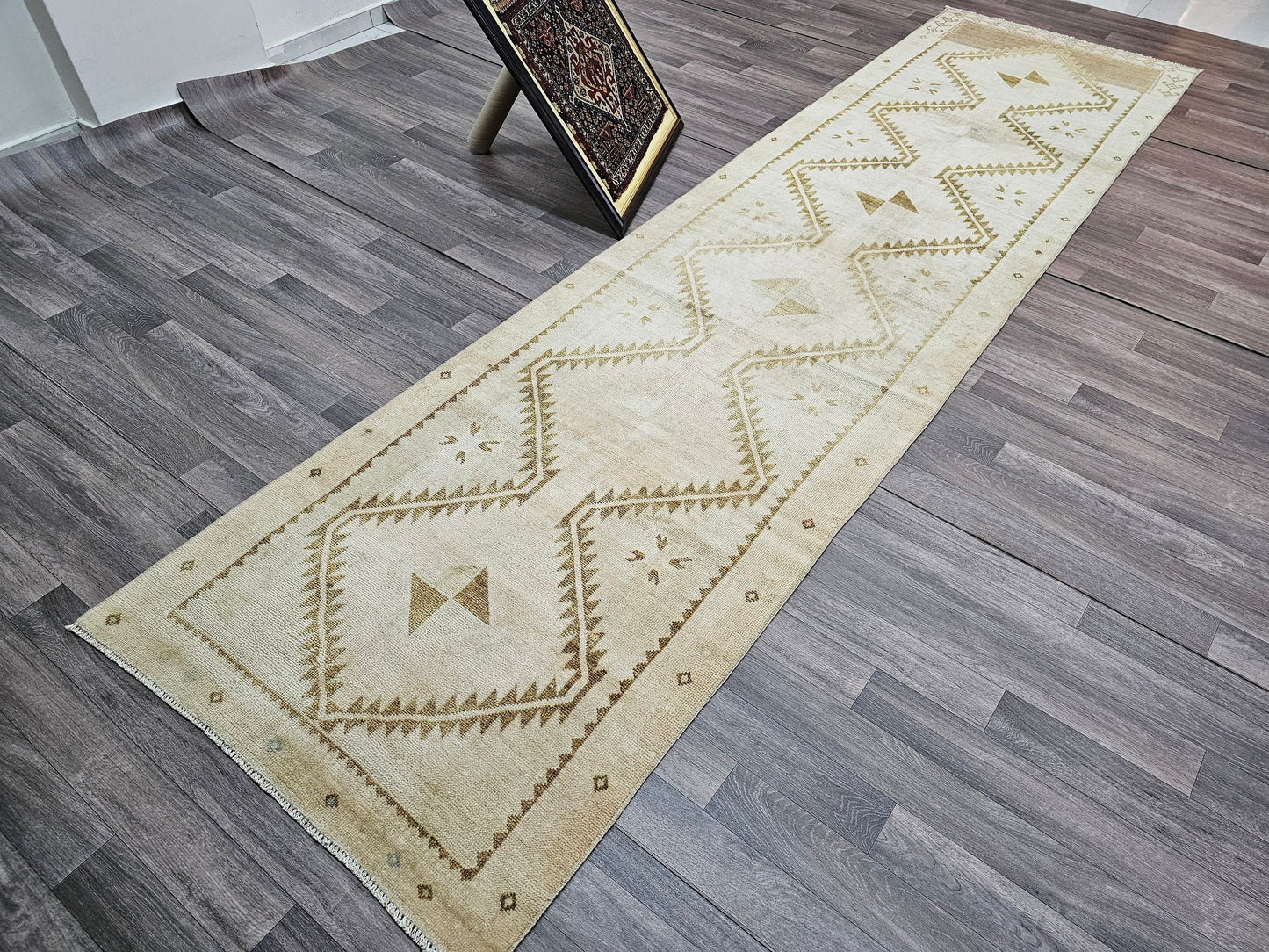 Hand Knotted Runner / 3.30x12.50 feet / Neutral Vintage Turkish Oushak Runner for Hallway and Kitchen Geometric Design Anatolian Wool Runner