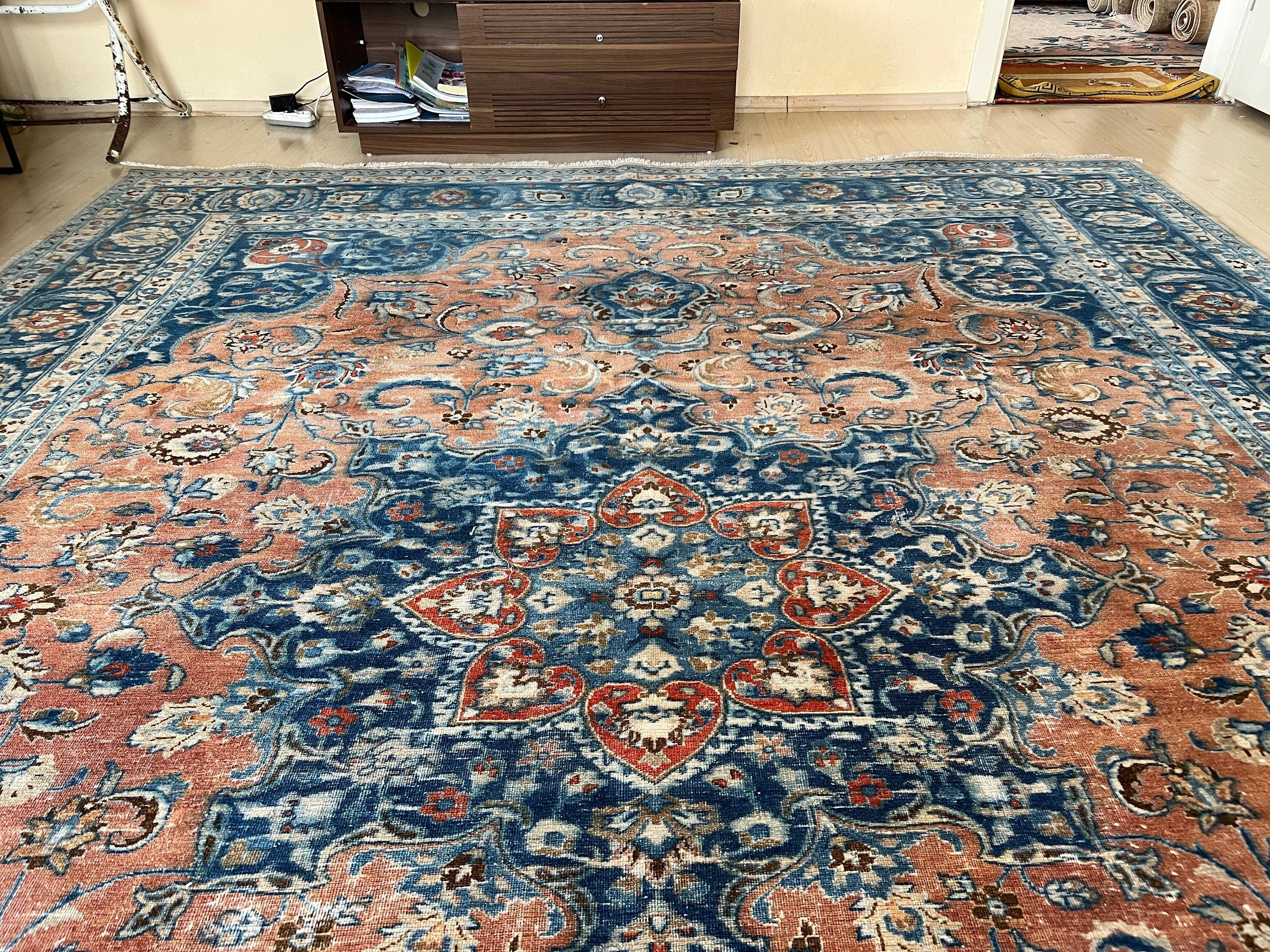 Large Vintage Turkish Wool Rug: Hand-Knotted Persian Design (10x12.45 ft)