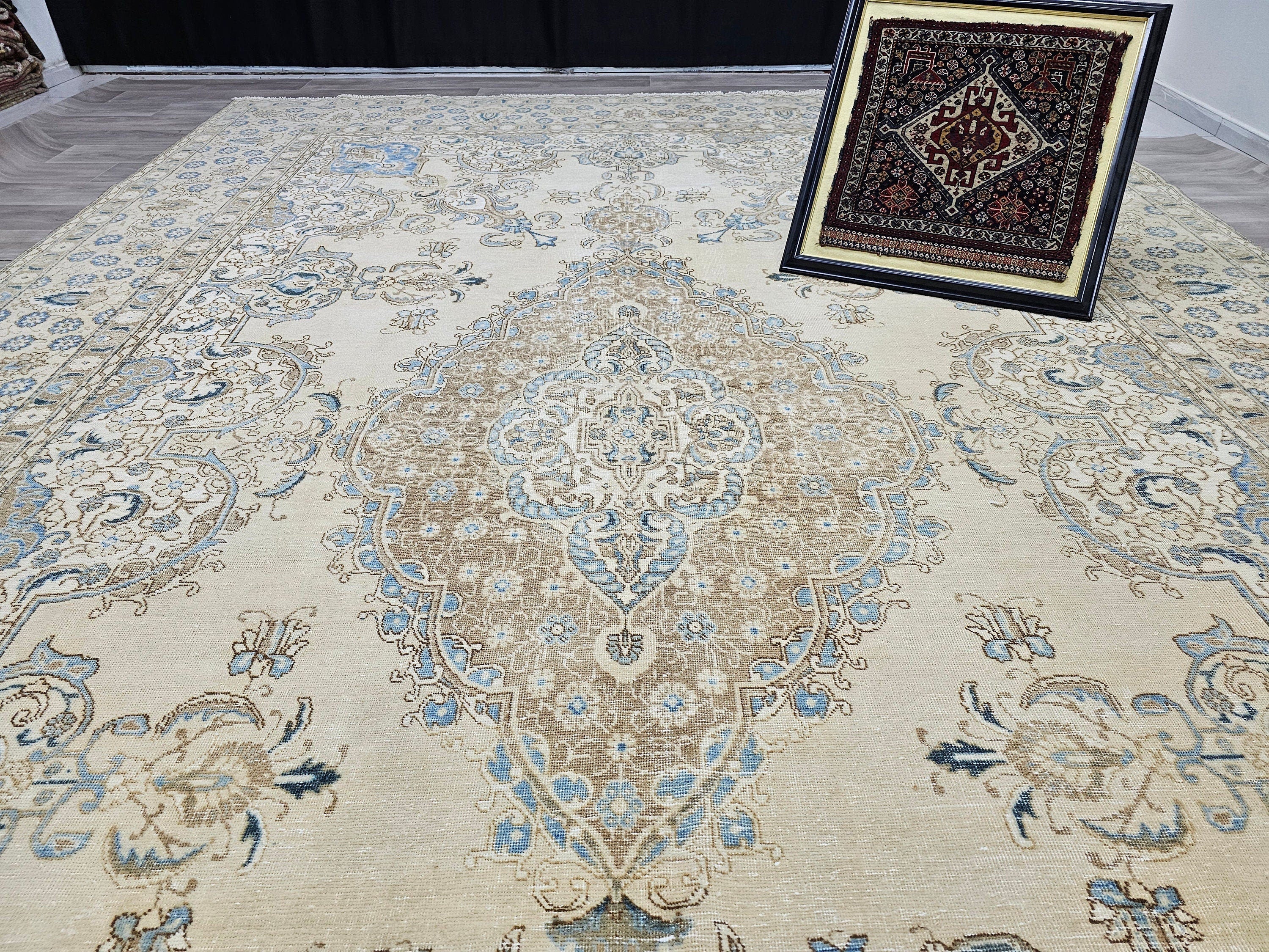 11x16 Extra Large Vintage Oushak Rug: Neutral Beige, Blue & Brown Wool