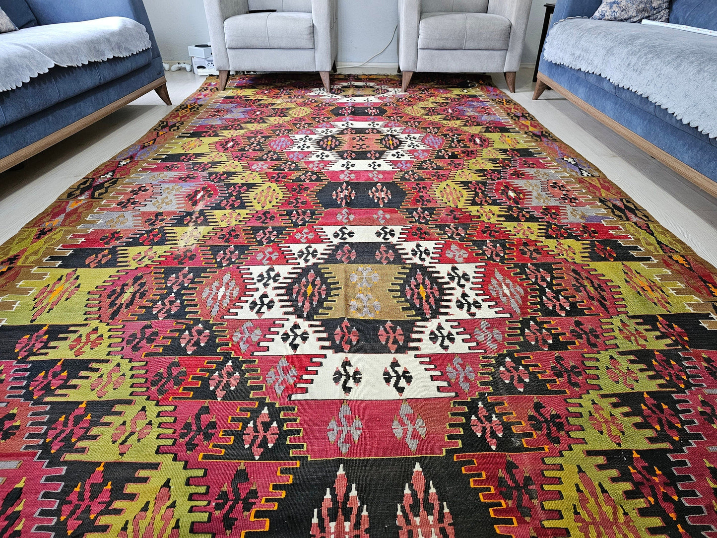 200x494 cm Großer Kelim-Teppich / Turkish Kilim Rug / Stort kelimtæppe / 大きなキリム・ラグ /