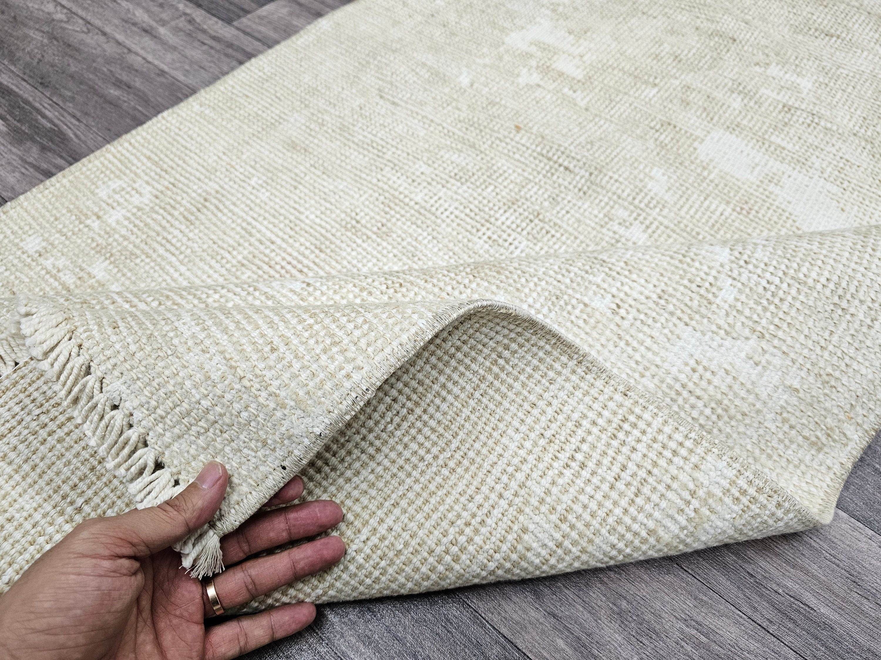 Handmade Wool Oushak Runner: Narrow Beige Hallway Rug (2.80x12.25 feet)