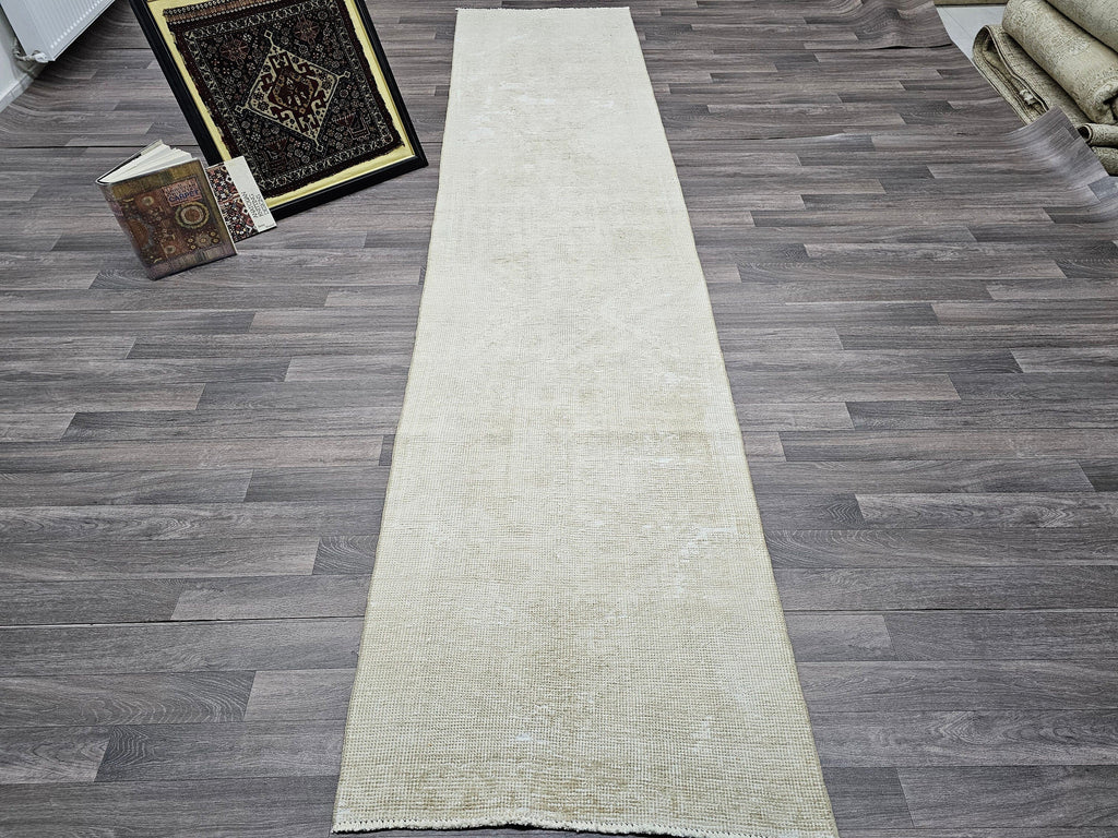 Handmade Wool Oushak Runner: Narrow Beige Hallway Rug (2.80x12.25 feet)