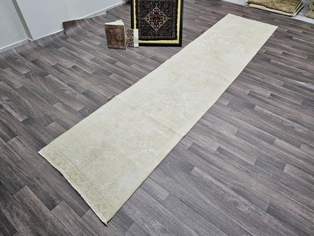 Handmade Wool Oushak Runner: Narrow Beige Hallway Rug (2.80x12.25 feet)