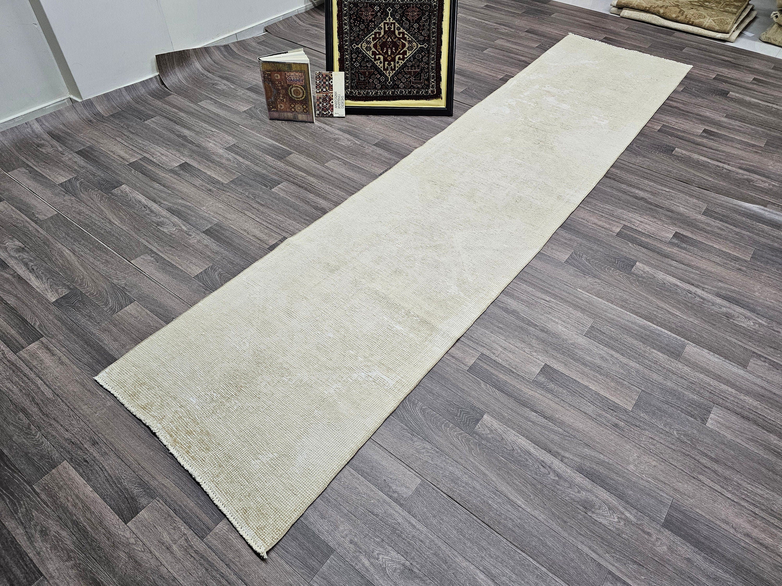 Handmade Wool Oushak Runner: Narrow Beige Hallway Rug (2.80x12.25 feet)