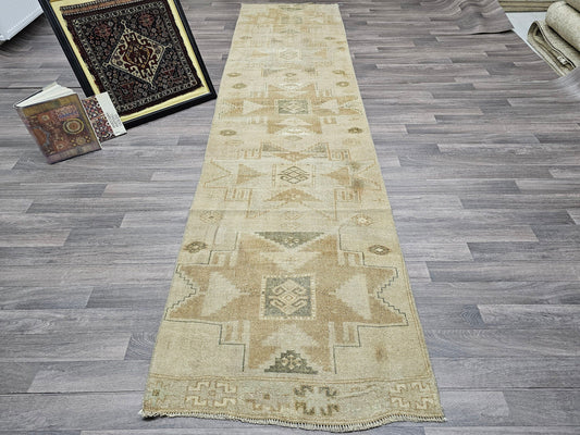 3x12 Vintage Hand Knotted Wool Oushak Runner for Hallway, Kitchen and Aisle Earth Tone Beige Brown Turkish Runner Rug