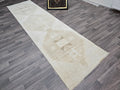 Vintage Turkish Oushak Wool Runner Rug: Neutral Faded Hallway Aisle Rug