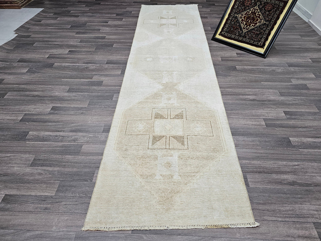Vintage Turkish Oushak Wool Runner Rug: Neutral Faded Hallway Aisle Rug