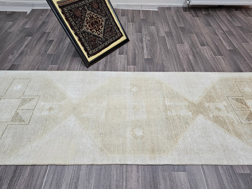 Vintage Turkish Oushak Wool Runner Rug: Neutral Faded Hallway Aisle Rug