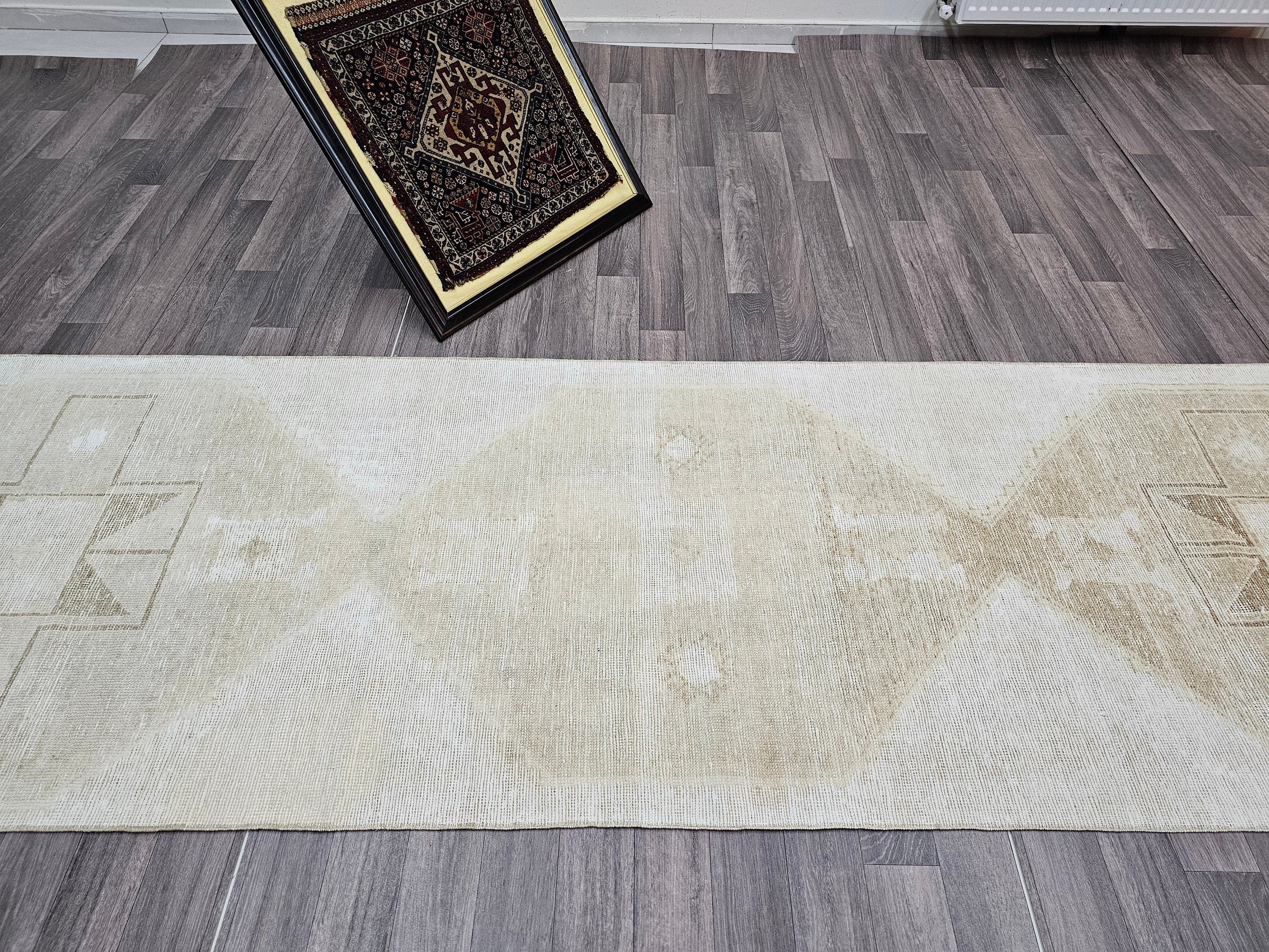 Vintage Turkish Oushak Wool Runner Rug: Neutral Faded Hallway Aisle Rug