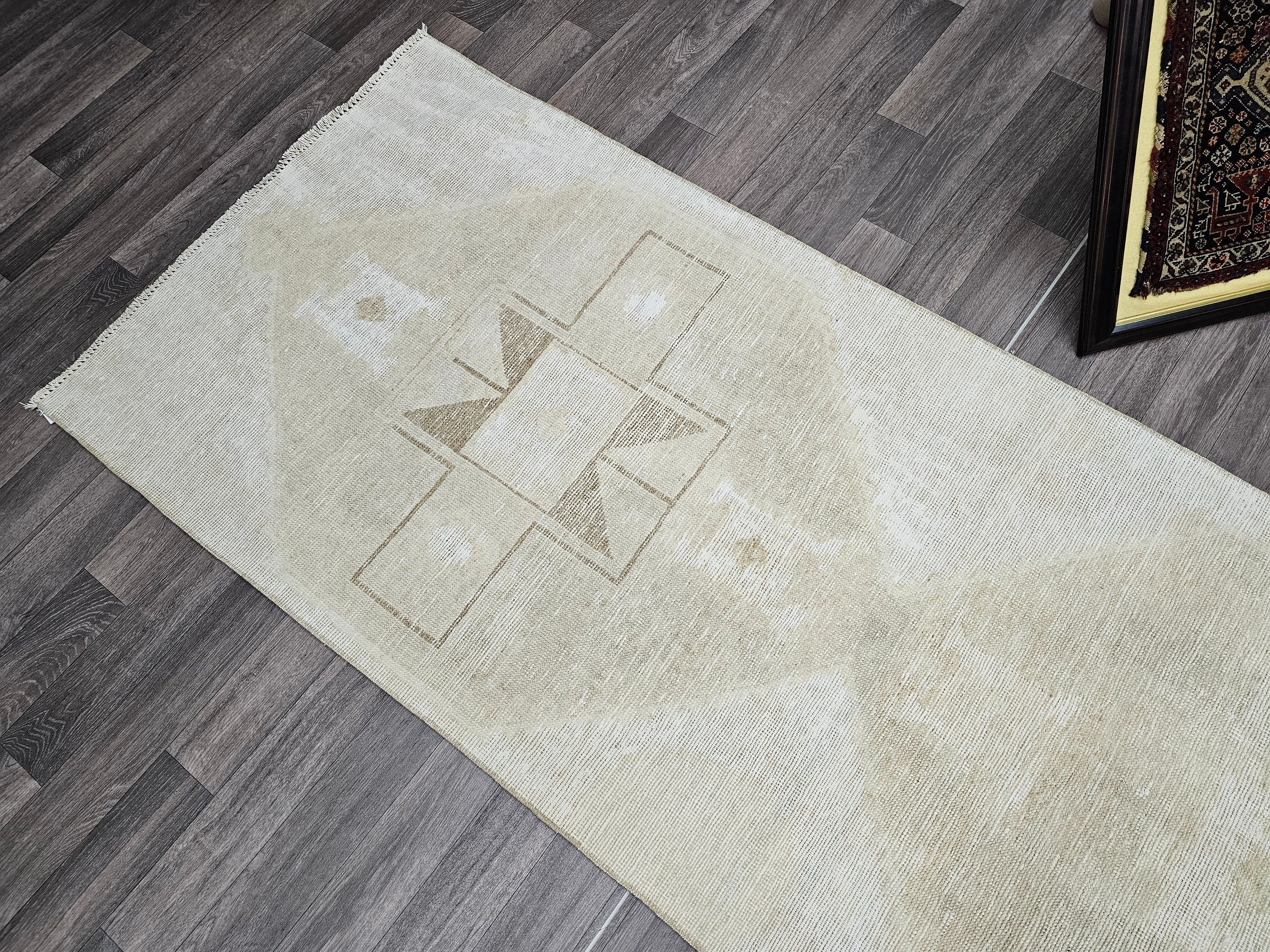 Vintage Turkish Oushak Wool Runner Rug: Neutral Faded Hallway Aisle Rug