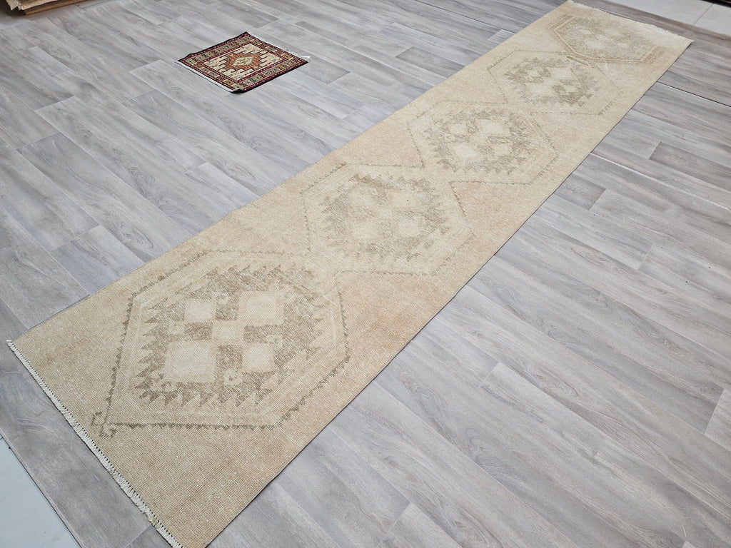 Neutral Oushak Rug Runner 3x13 ft: Distressed Turkish Hallway Carpet