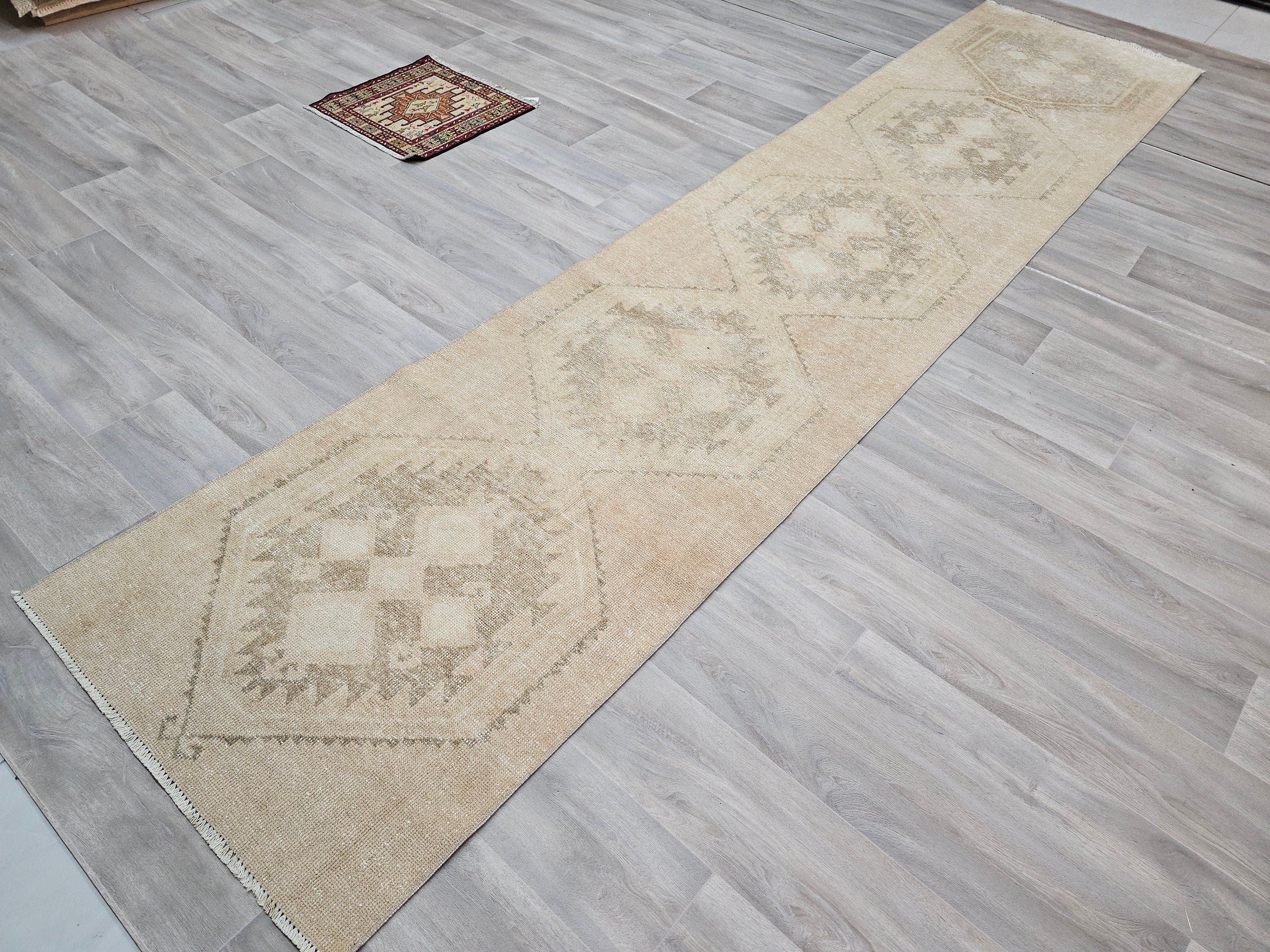Neutral Oushak Rug Runner 3x13 ft: Distressed Turkish Hallway Carpet