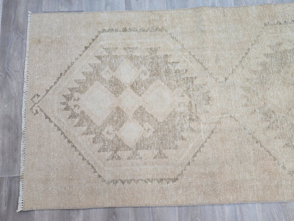 Neutral Oushak Rug Runner 3x13 ft: Distressed Turkish Hallway Carpet