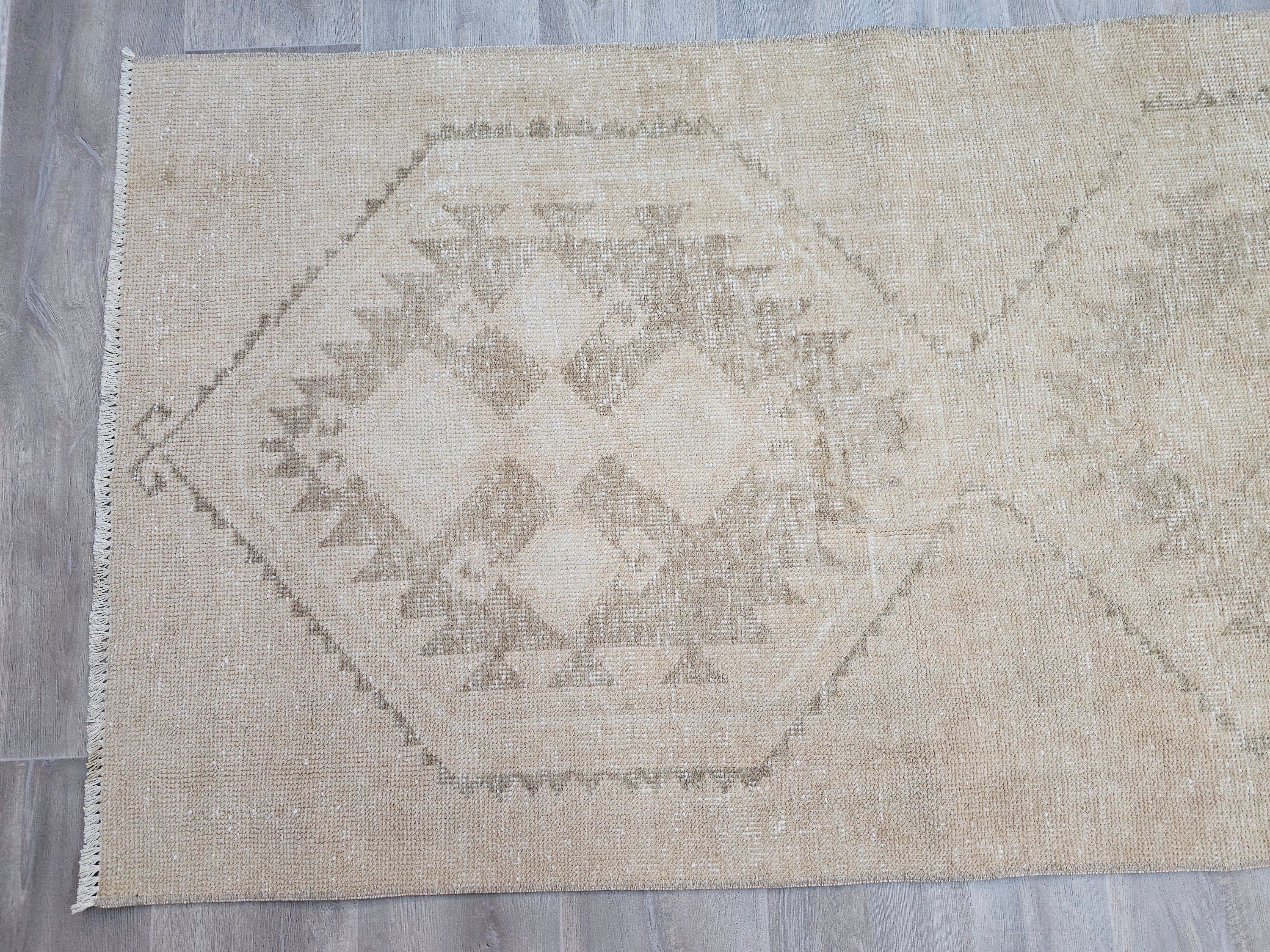 Neutral Oushak Rug Runner 3x13 ft: Distressed Turkish Hallway Carpet