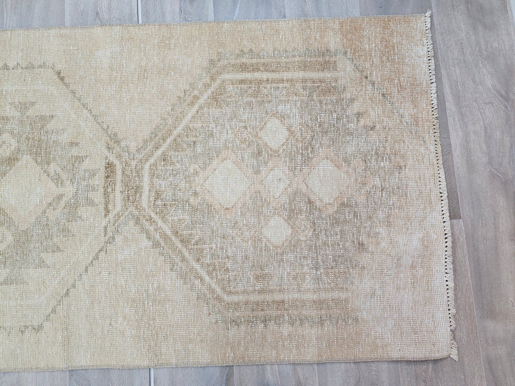Neutral Oushak Rug Runner 3x13 ft: Distressed Turkish Hallway Carpet