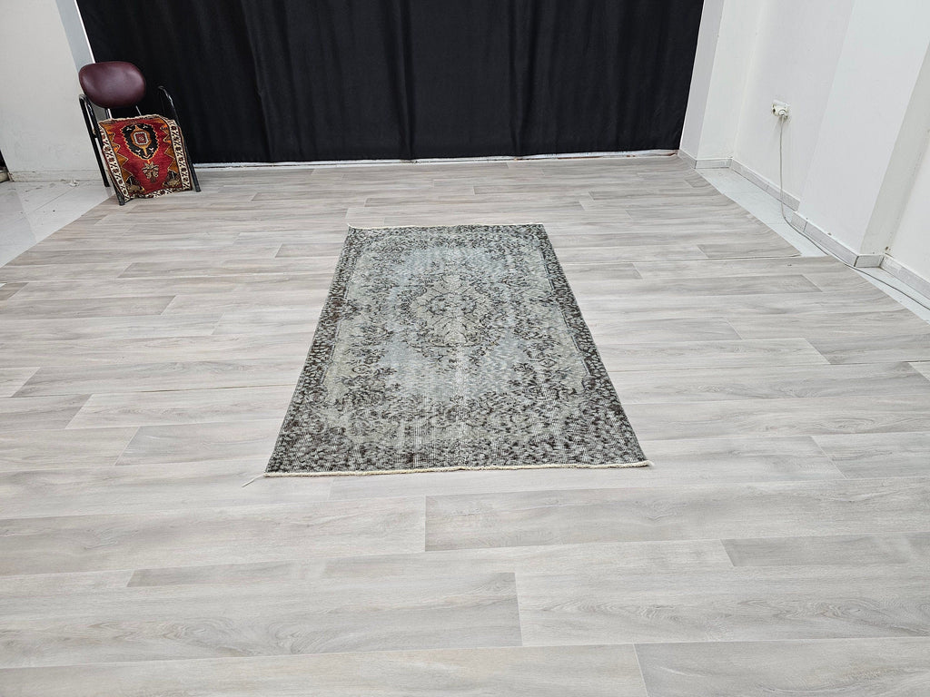 4x7 Overdyed Turkish Wool Rug: Floral Oushak Rug