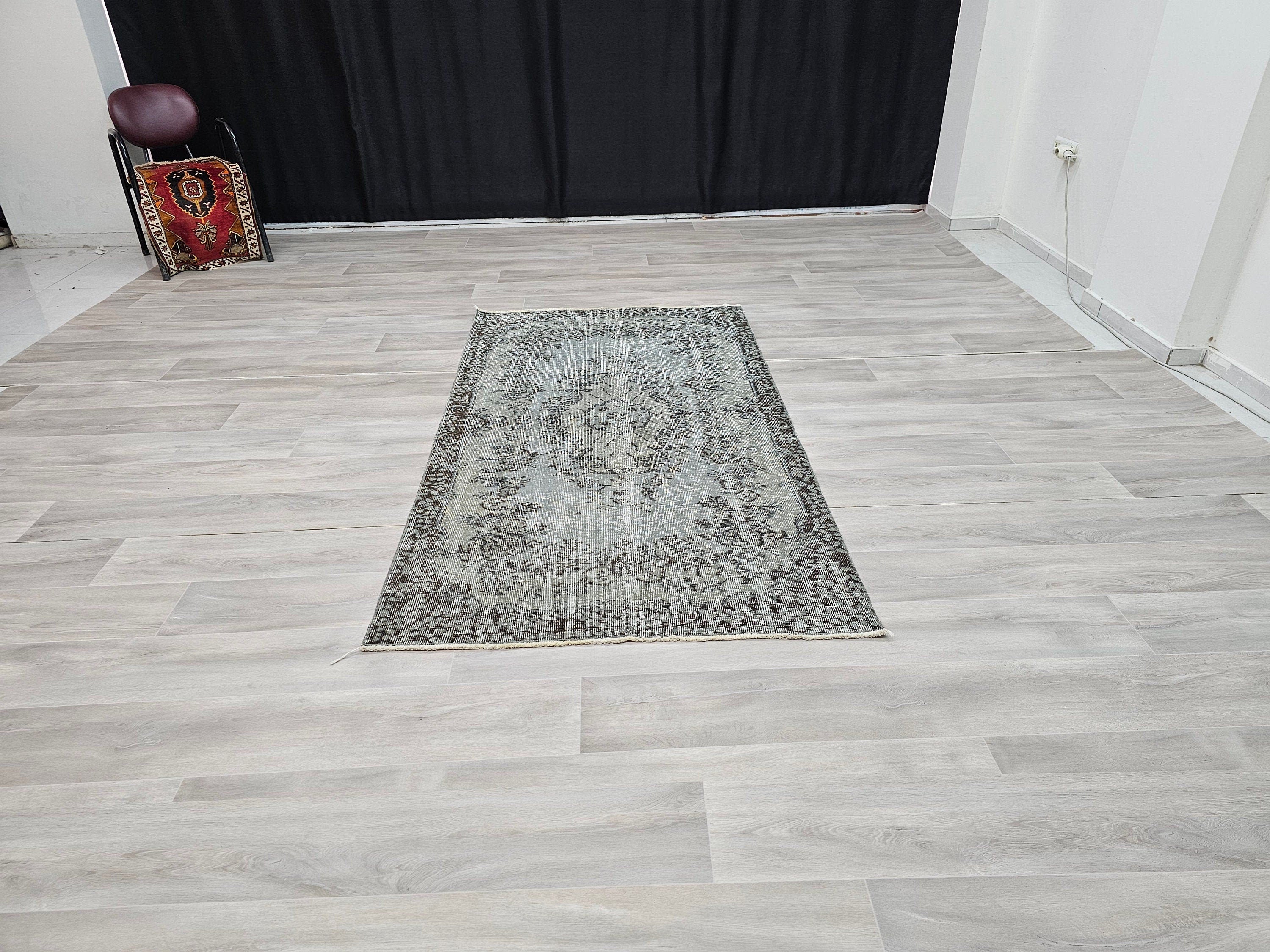 4x7 Overdyed Turkish Wool Rug: Floral Oushak Rug