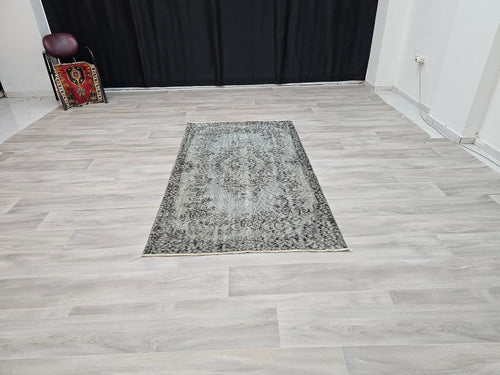 4x7 Overdyed Turkish Wool Rug: Floral Oushak Rug
