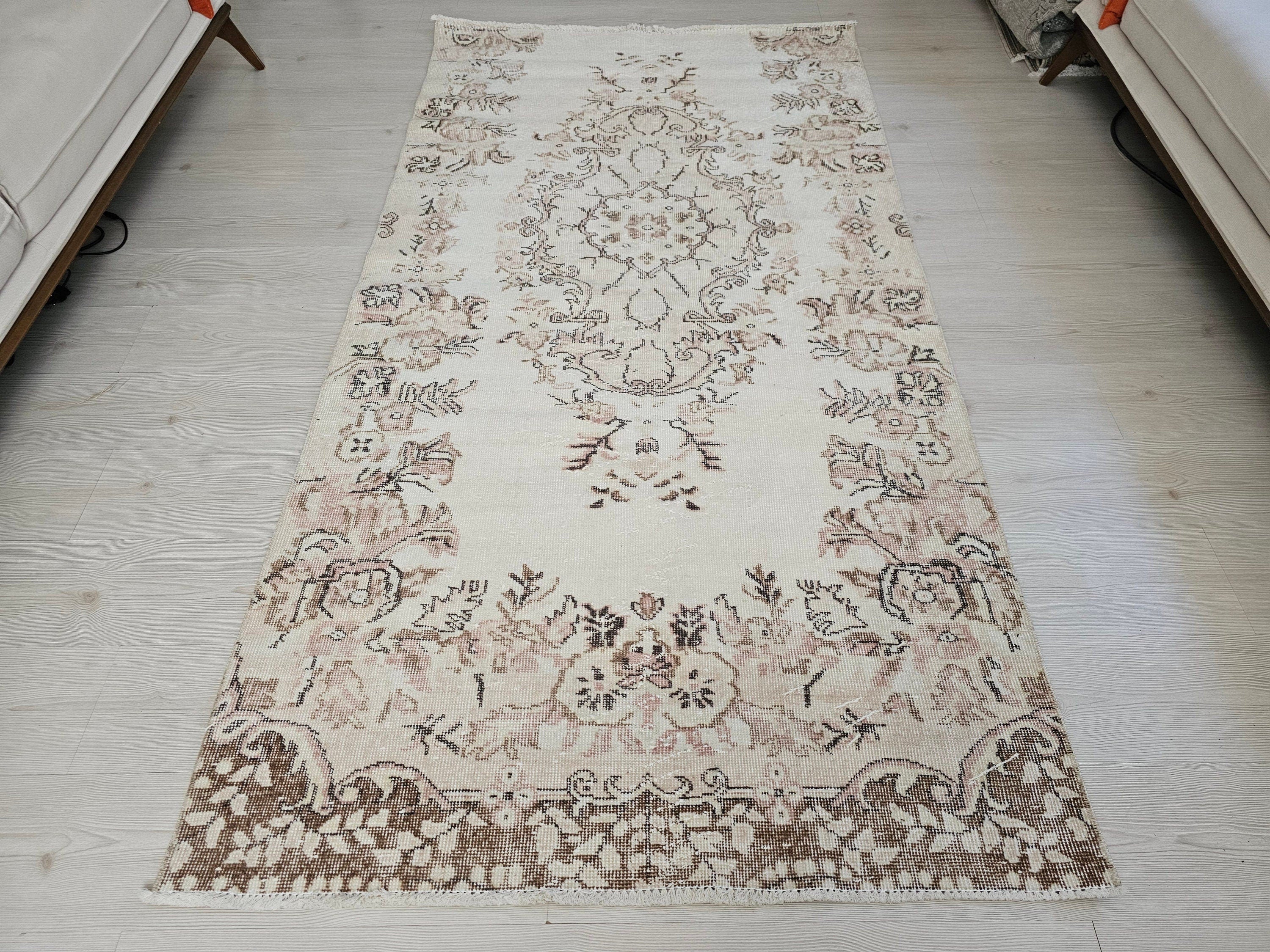 4x8 Vintage Wool Oushak Rug: Turkish Bedroom Decor