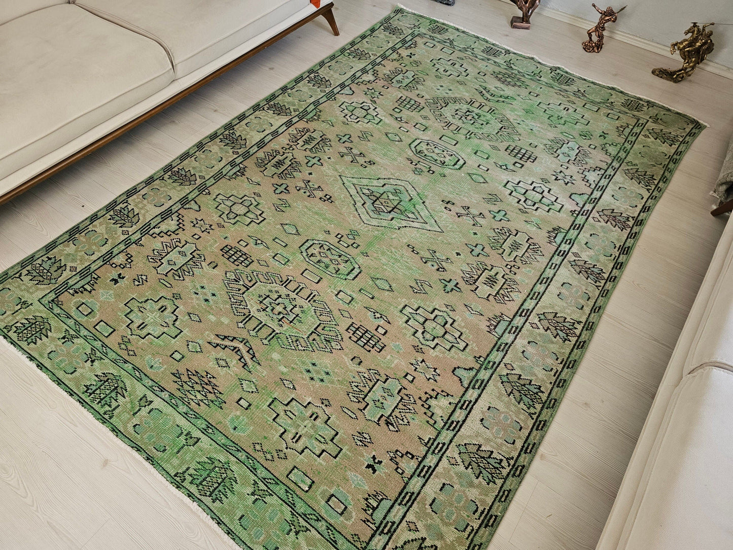 6x9 feet Faded Green Turkish Wool Area Rug, Vintage Oushak Rug for Bedroom, Authentic Traditional Anatolian Rug