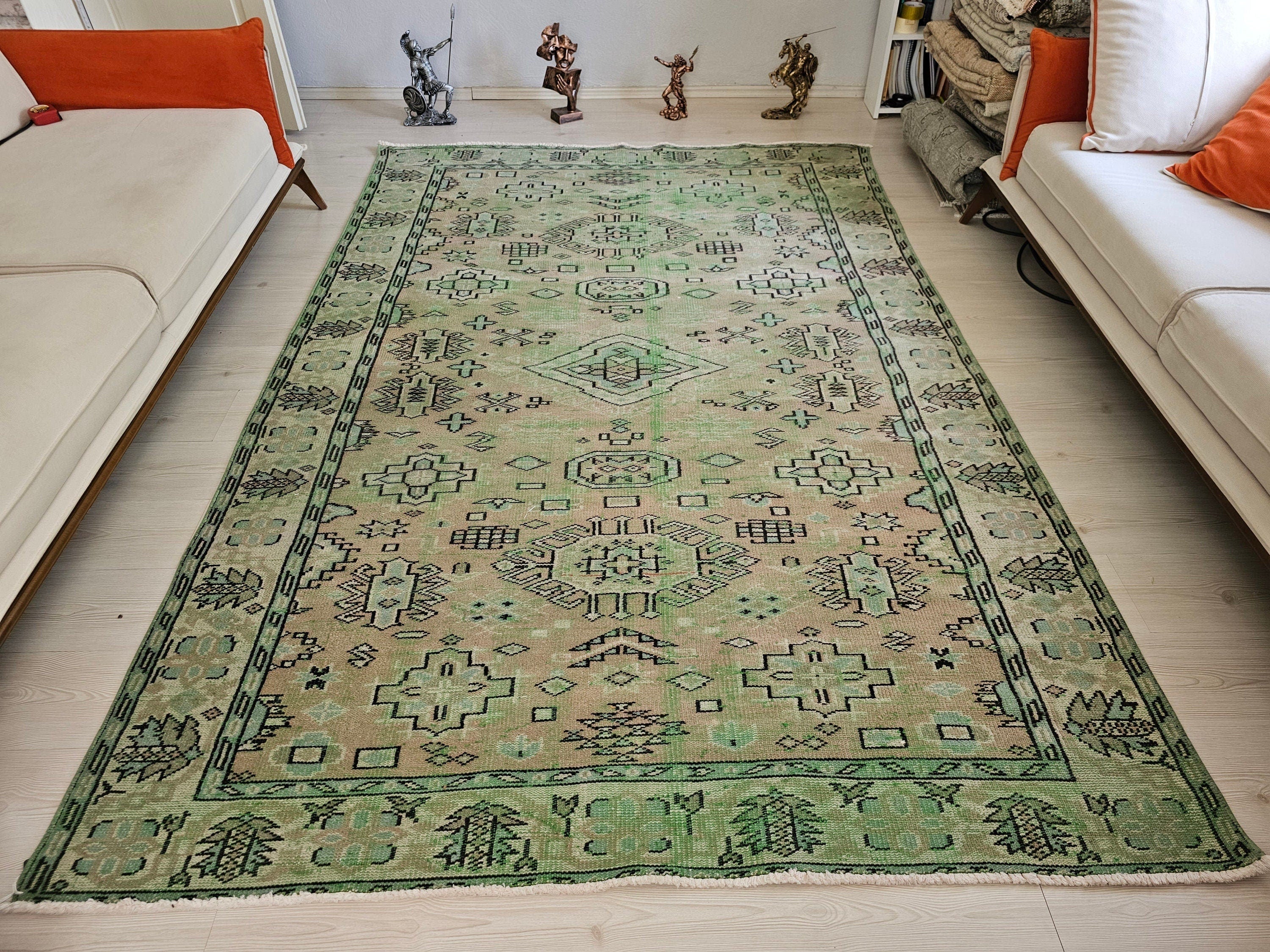 Faded Green Turkish Oushak Rug: 6x9 Vintage Wool Anatolian Rug