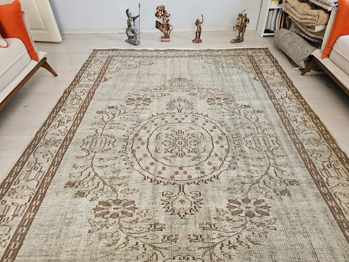 6x9 HandKnotted Vintage Wool Turkish Rug Gray and Brown