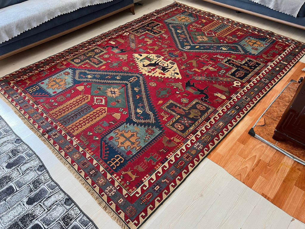 Dragon Soumak Rug: Antique Caucasian Hand-Knotted Wool Carpet (7x9.45 ft)