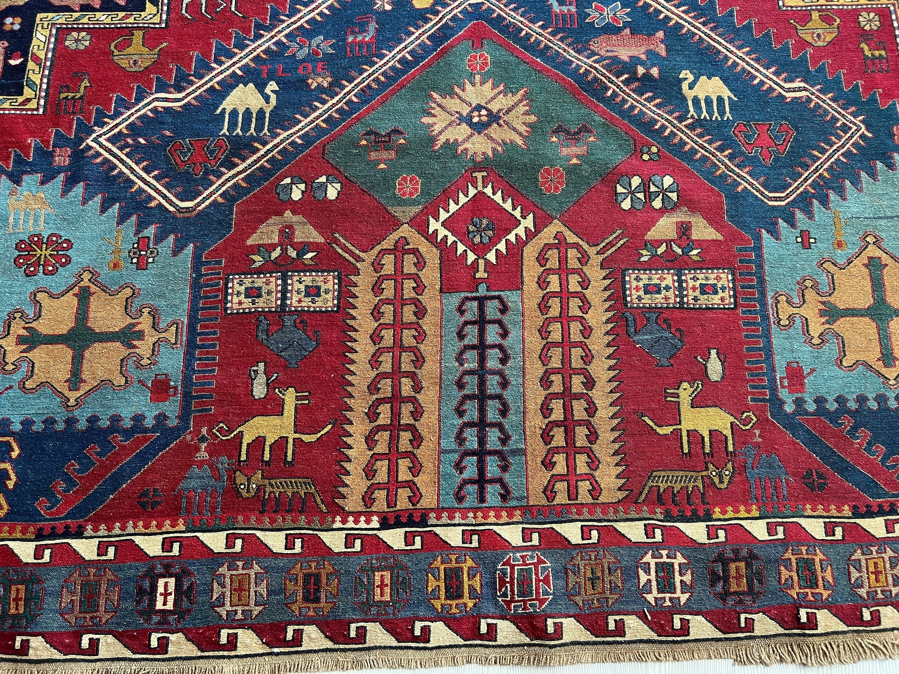 Dragon Soumak Rug: Antique Caucasian Hand-Knotted Wool Carpet (7x9.45 ft)