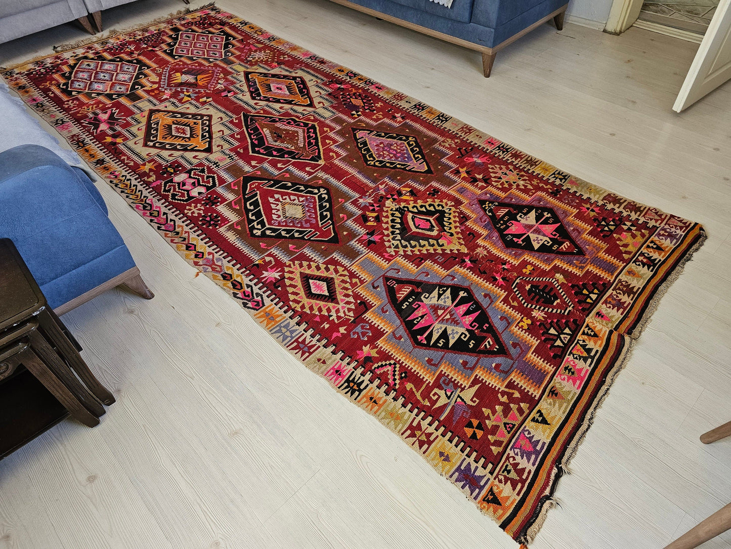 Handmade Vintage Turkish Kilim Rug/ Wide Hallway Rug /5.10x12.25 feet