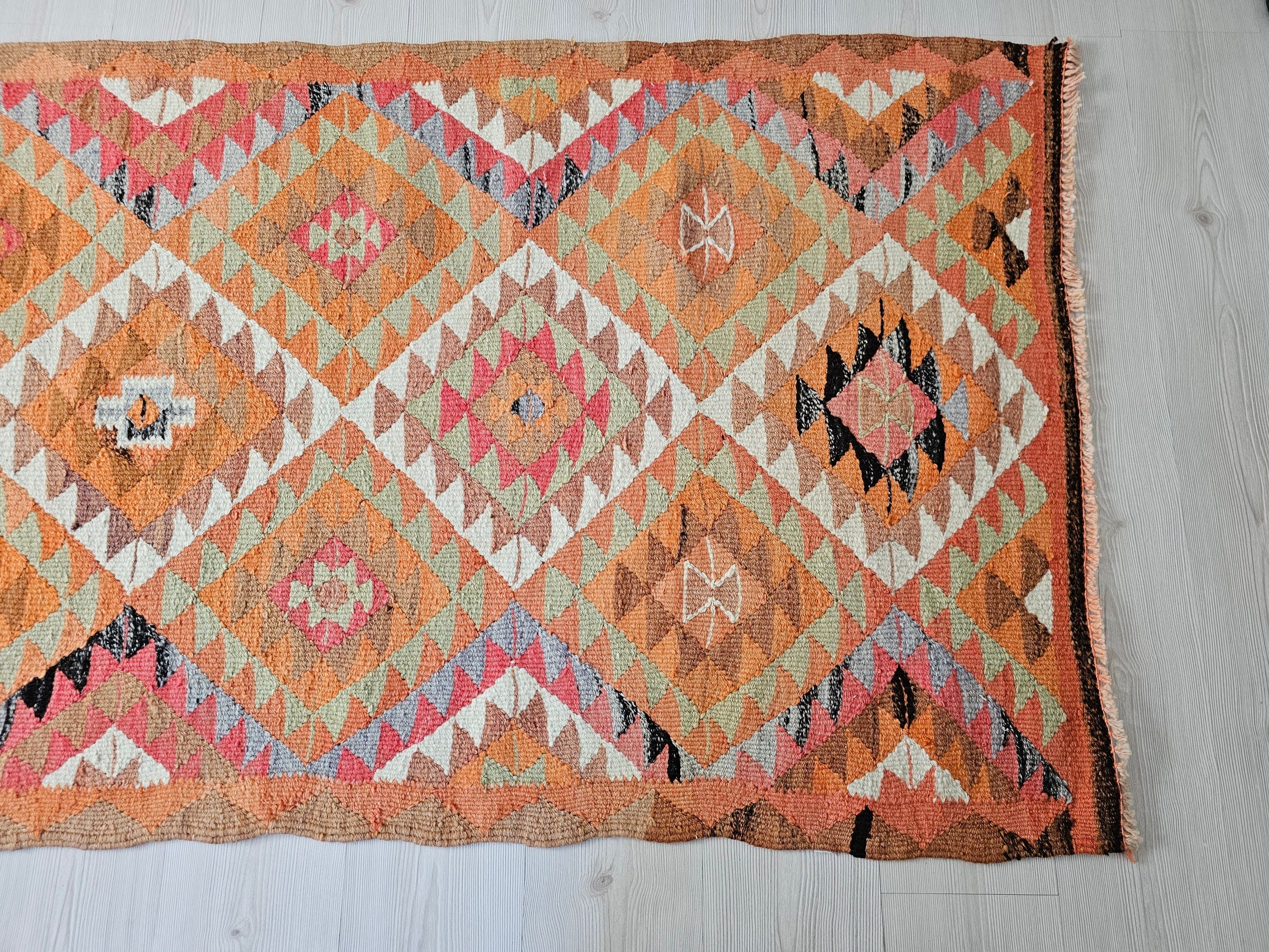 Hand Knotted Wool Turkish Runner: Geometric Coastal Decor (3x9 ft)