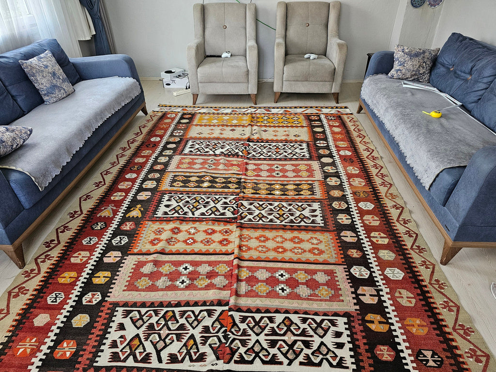 Vintage Turkish Kilim Rug: Handwoven Wool Oushak Rug (7.20x12.50 ft)