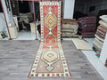4x14 Vintage Turkish Runner Rug: Handmade Wool Oushak Carpet