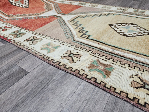 4x14 Vintage Turkish Runner Rug: Handmade Wool Oushak Carpet