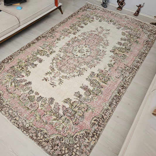 6x10 Hand Knotted Vintage Oushak Area Rug for Bedroom and Livingroom, Pink and Cream //5.85x10 feet