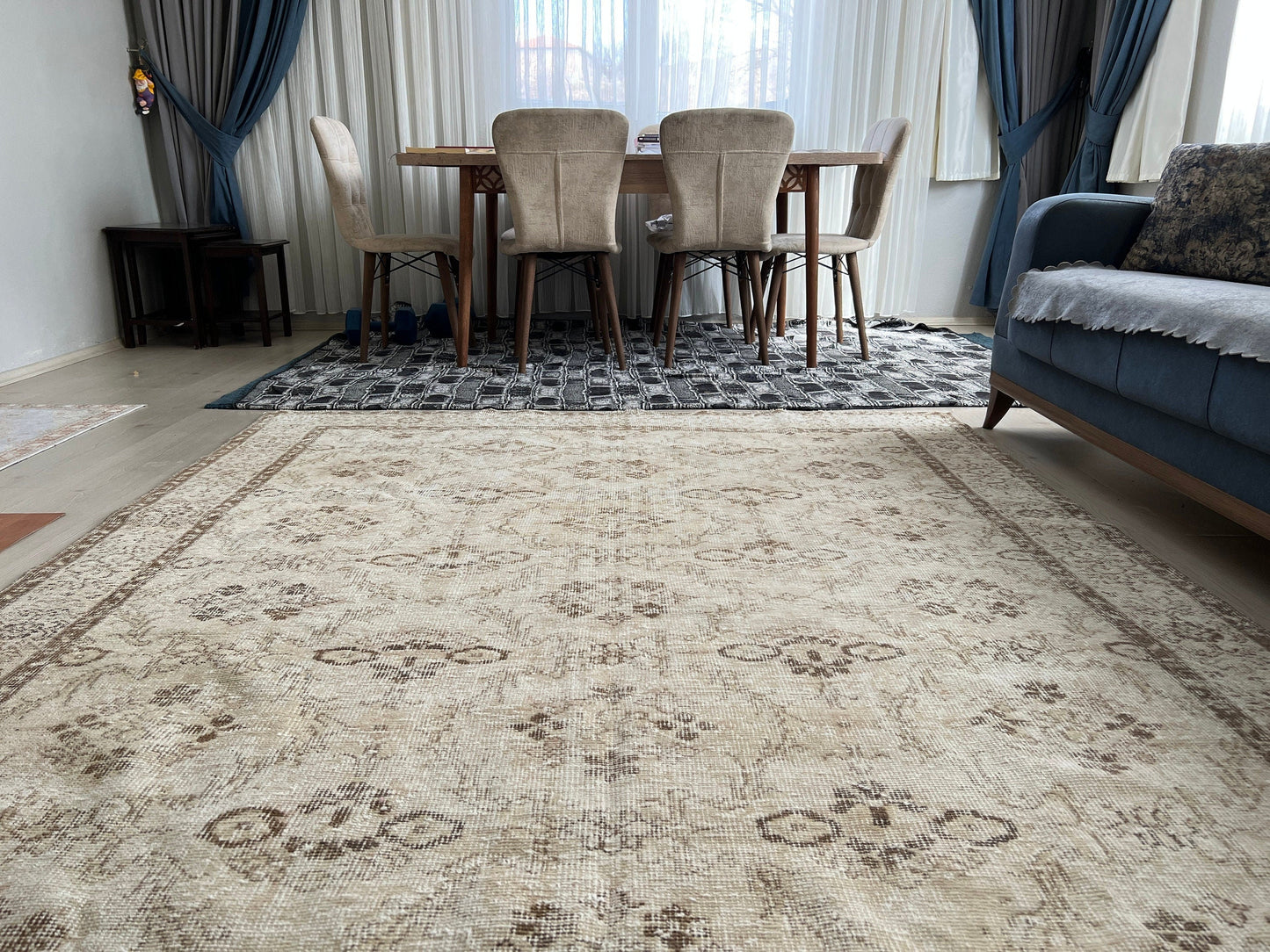 Cream Vintage Turkish Rug // 6.40x10.45 feet // Hand knotted Wool Area Rug - Neutral Area Rug for Master Bedroom - Naturel Rug