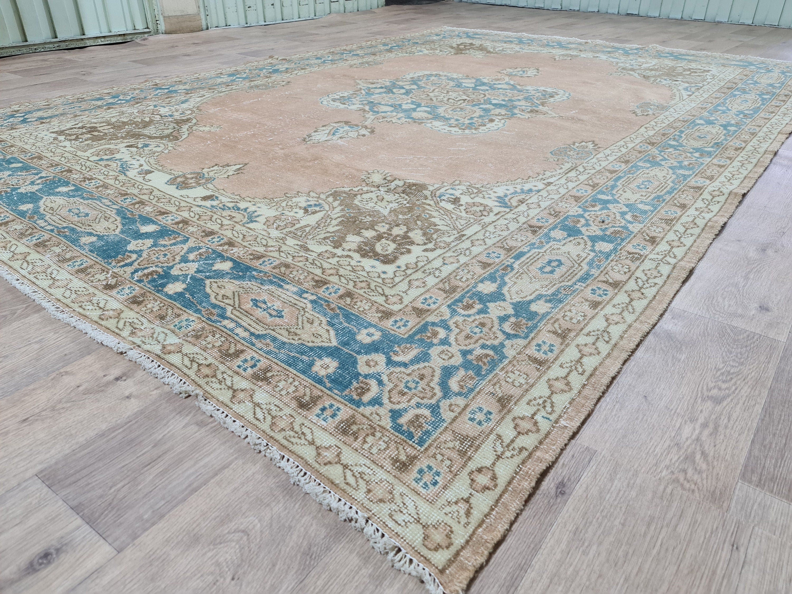 Large Vintage Hand-Knotted Turkish Oushak Wool Rug (7.2 x 10.5 ft)