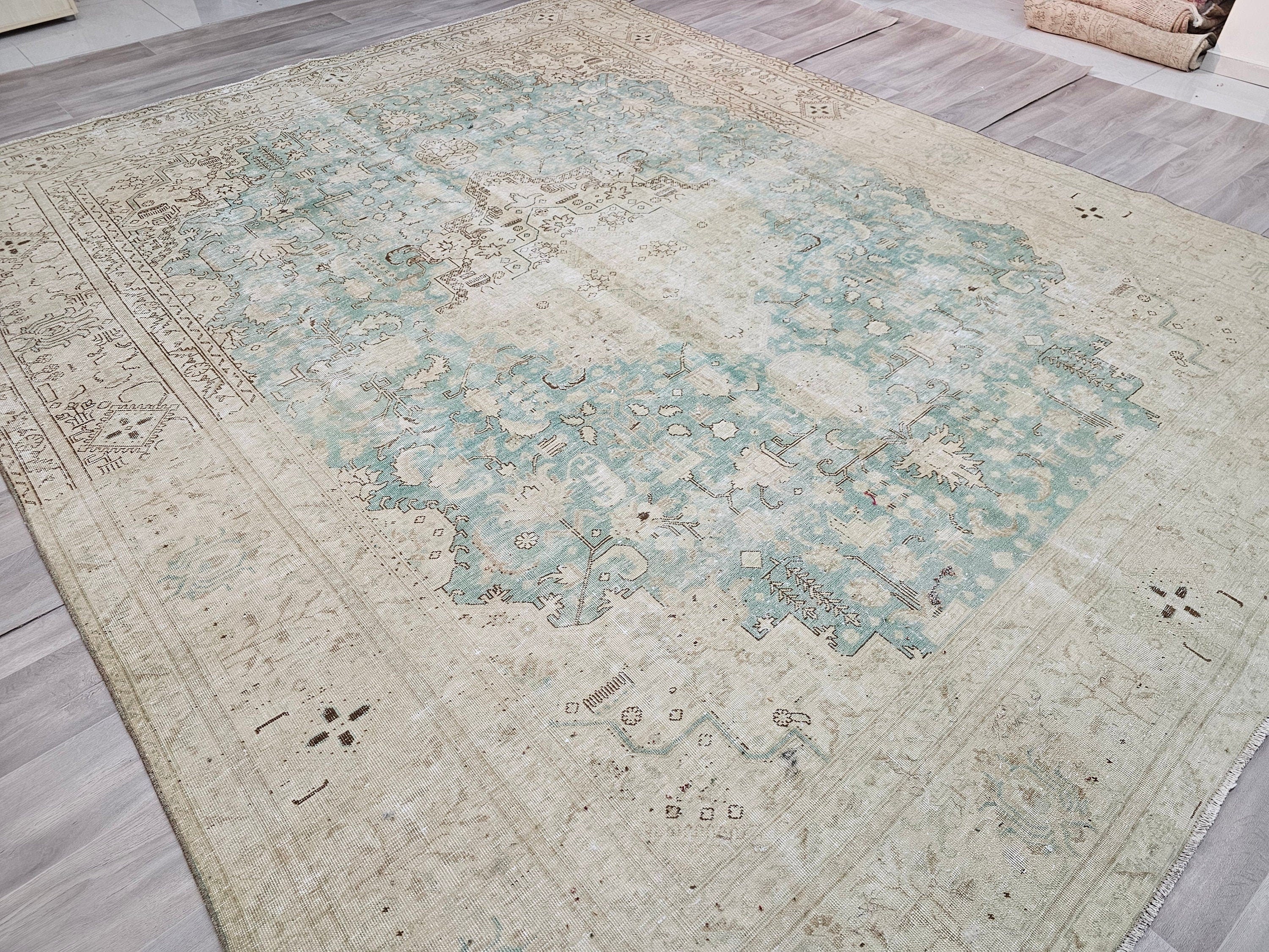 Large Vintage Oushak Rug: 10x12 Beige and Sage Green Wool Area Rug