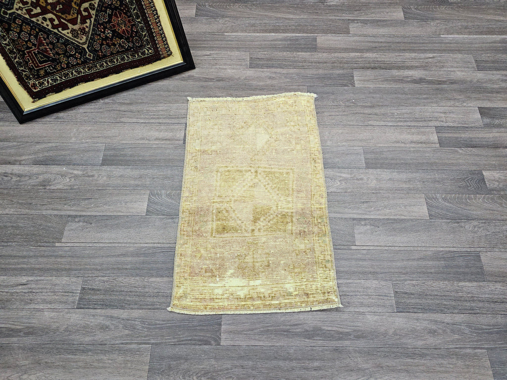 Hand Knotted Wool Bath Mat: 21x33 Neutral Vintage Turkish Oushak Rug