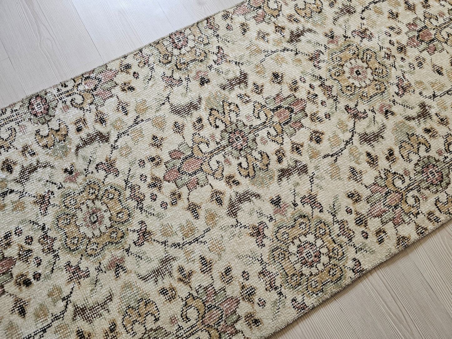 2x10 Vintage Runner Rug - Hand Knotted Wool Narrow Runner Rug - Floral Design Neutral Oushak Runner - Anatolian Runner Rug //2.40x10.15 feet