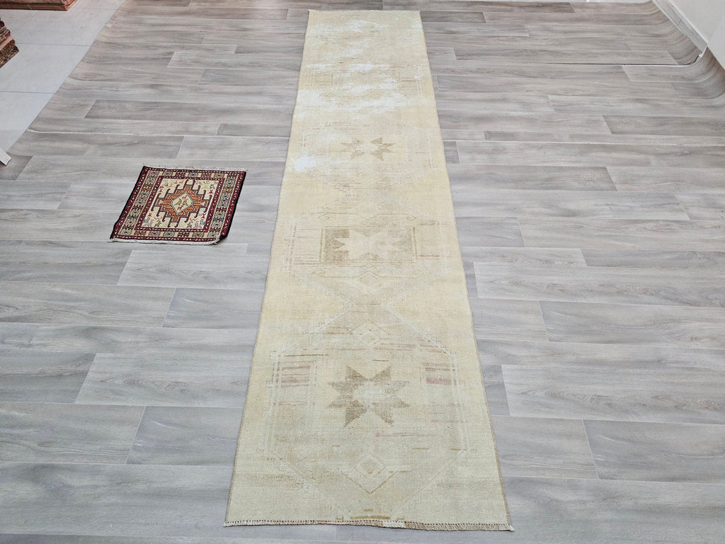 Antique Turkish Oushak Runner Rug: Beige Cream Wool, 3x12 ft