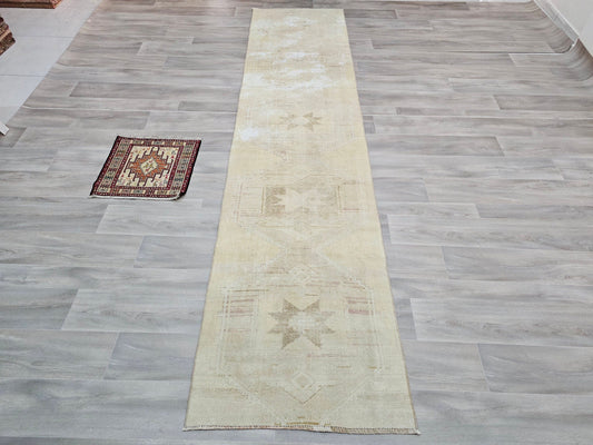 3x12 Antique Turkish Runner Rug Neutral - Pale Oushak Runner - Beige Cream Brown Runner - Muted Vintage Runner // 2.80x11.80 feet