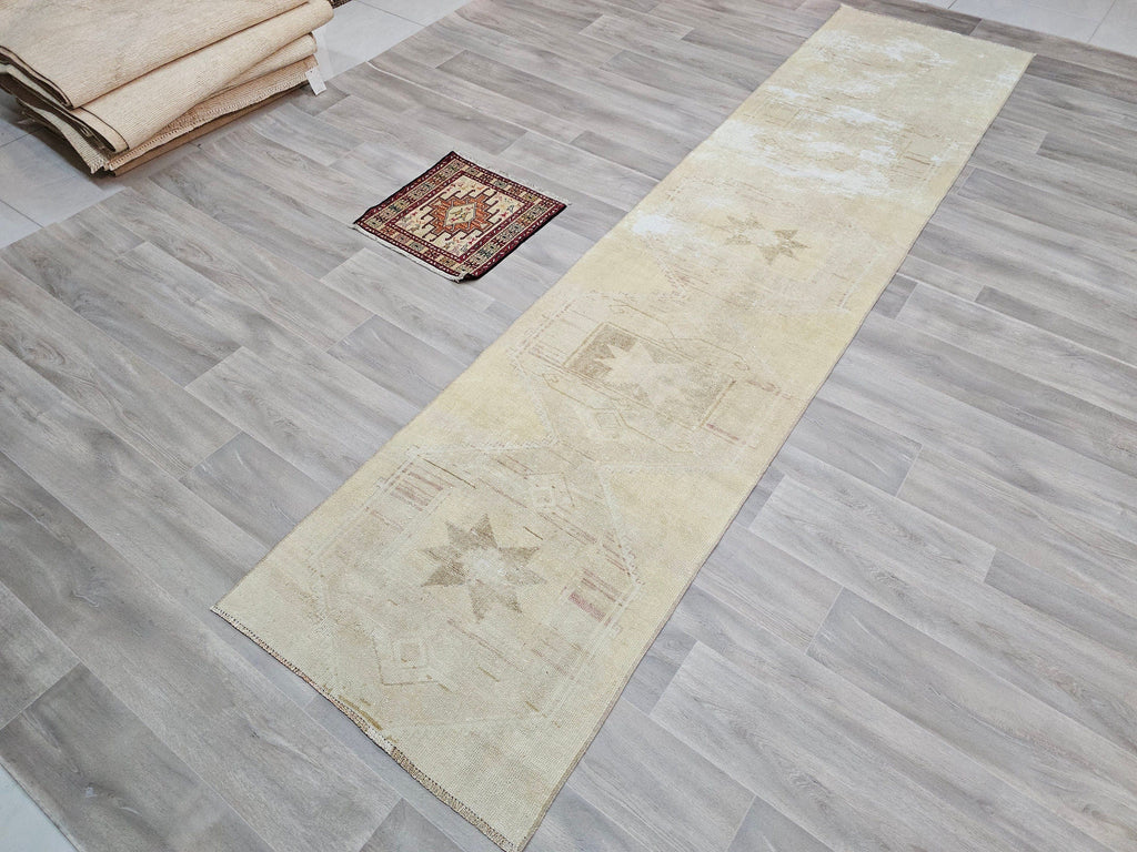 Antique Turkish Oushak Runner Rug: Beige Cream Wool, 3x12 ft