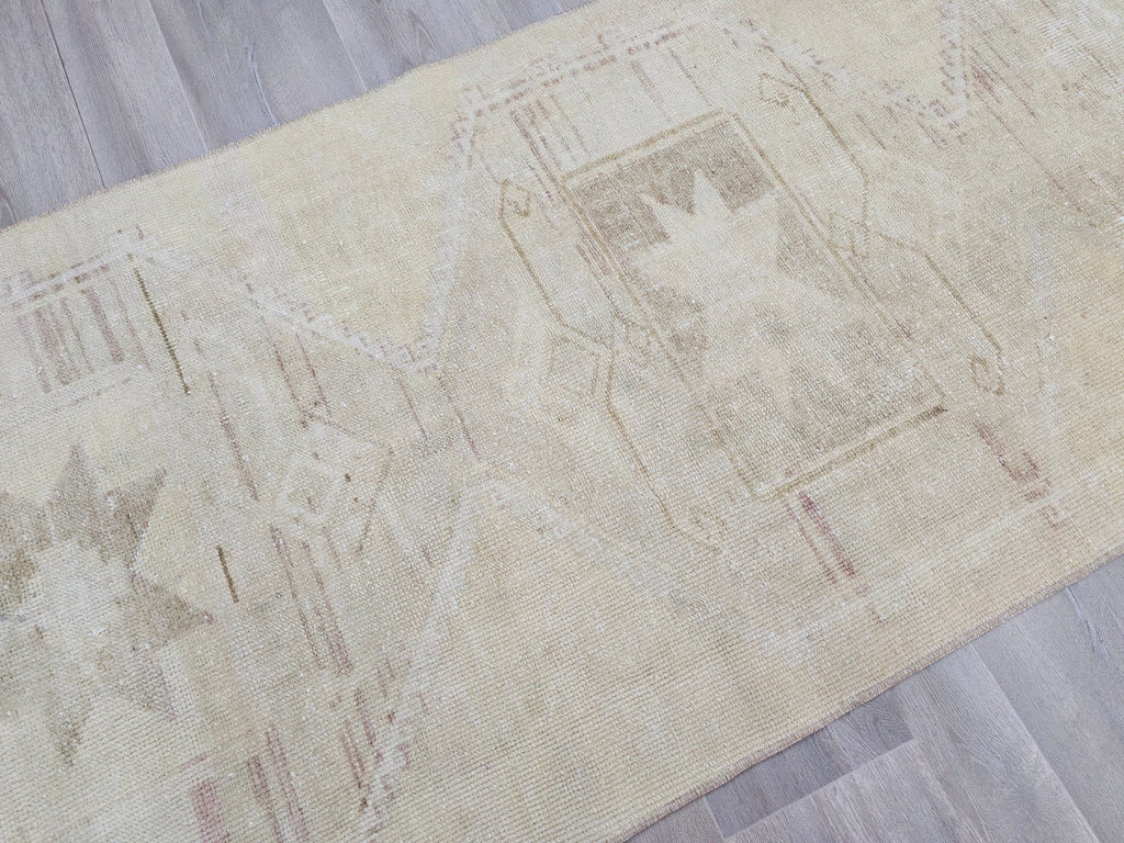 Antique Turkish Oushak Runner Rug: Beige Cream Wool, 3x12 ft