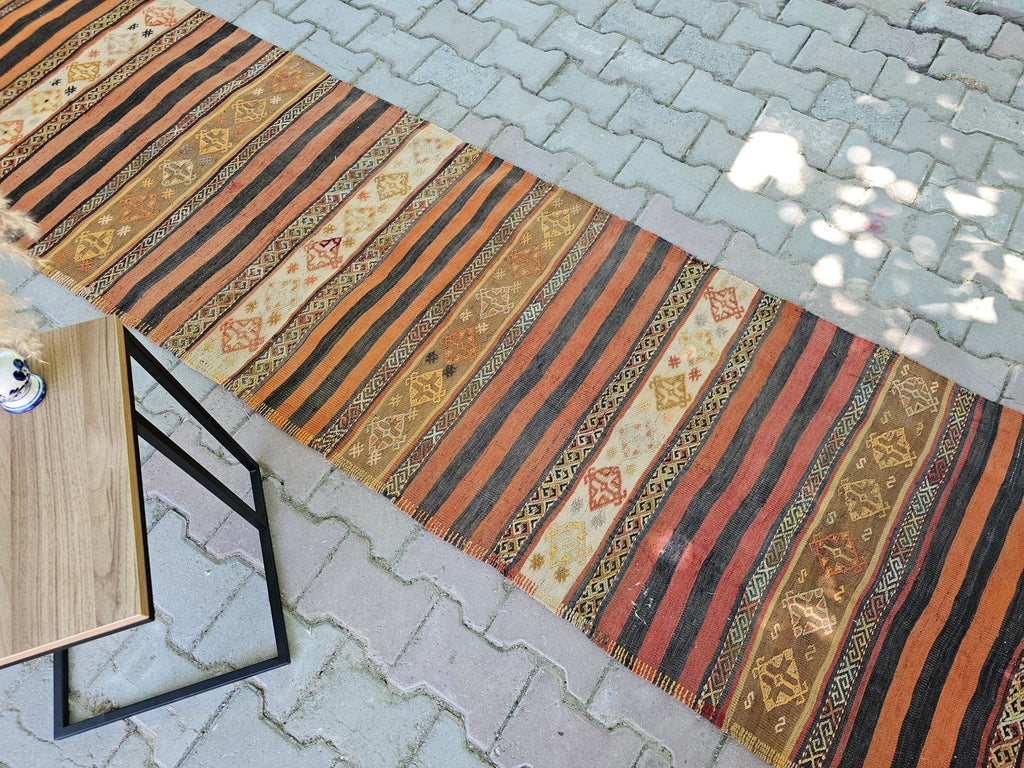 Vintage Turkish Wool Runner Rug: Striped Oushak Hallway Rug (3x13)