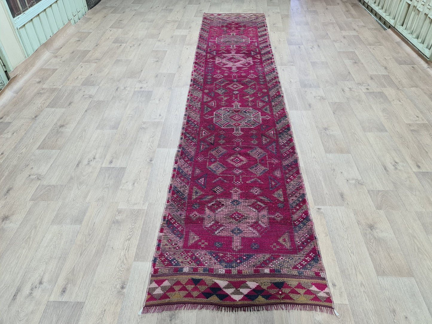Hand Knotted Wool Herki Runner: 3x13 Vintage Turkish Rug