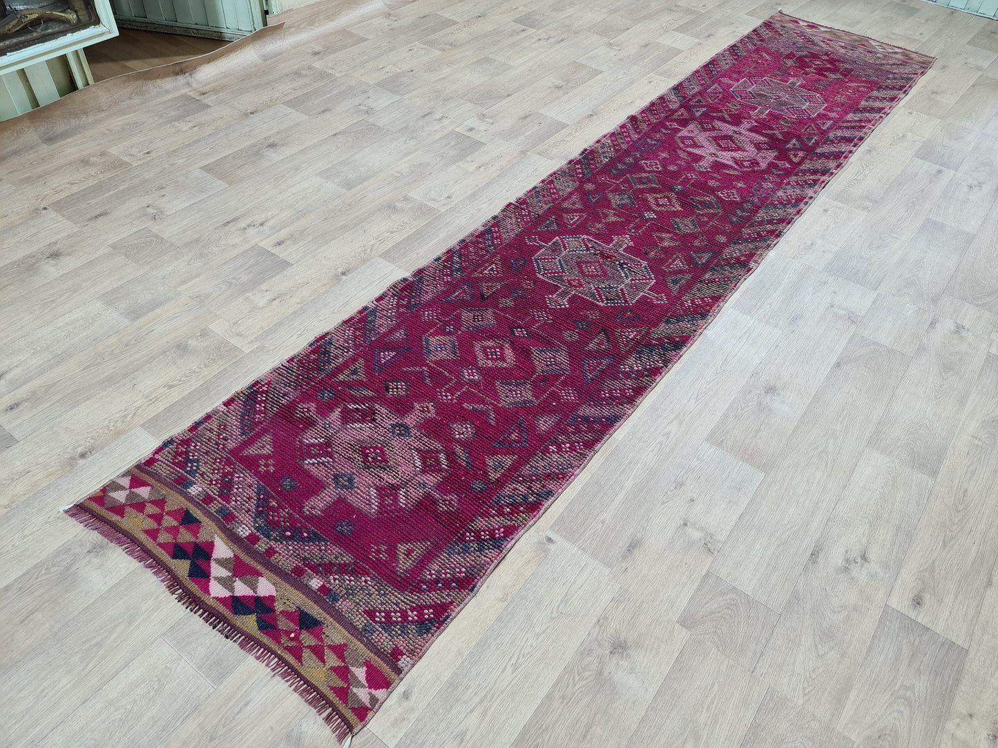 Hand Knotted Wool Herki Runner: 3x13 Vintage Turkish Rug