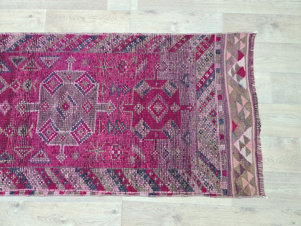 Hand Knotted Wool Herki Runner: 3x13 Vintage Turkish Rug