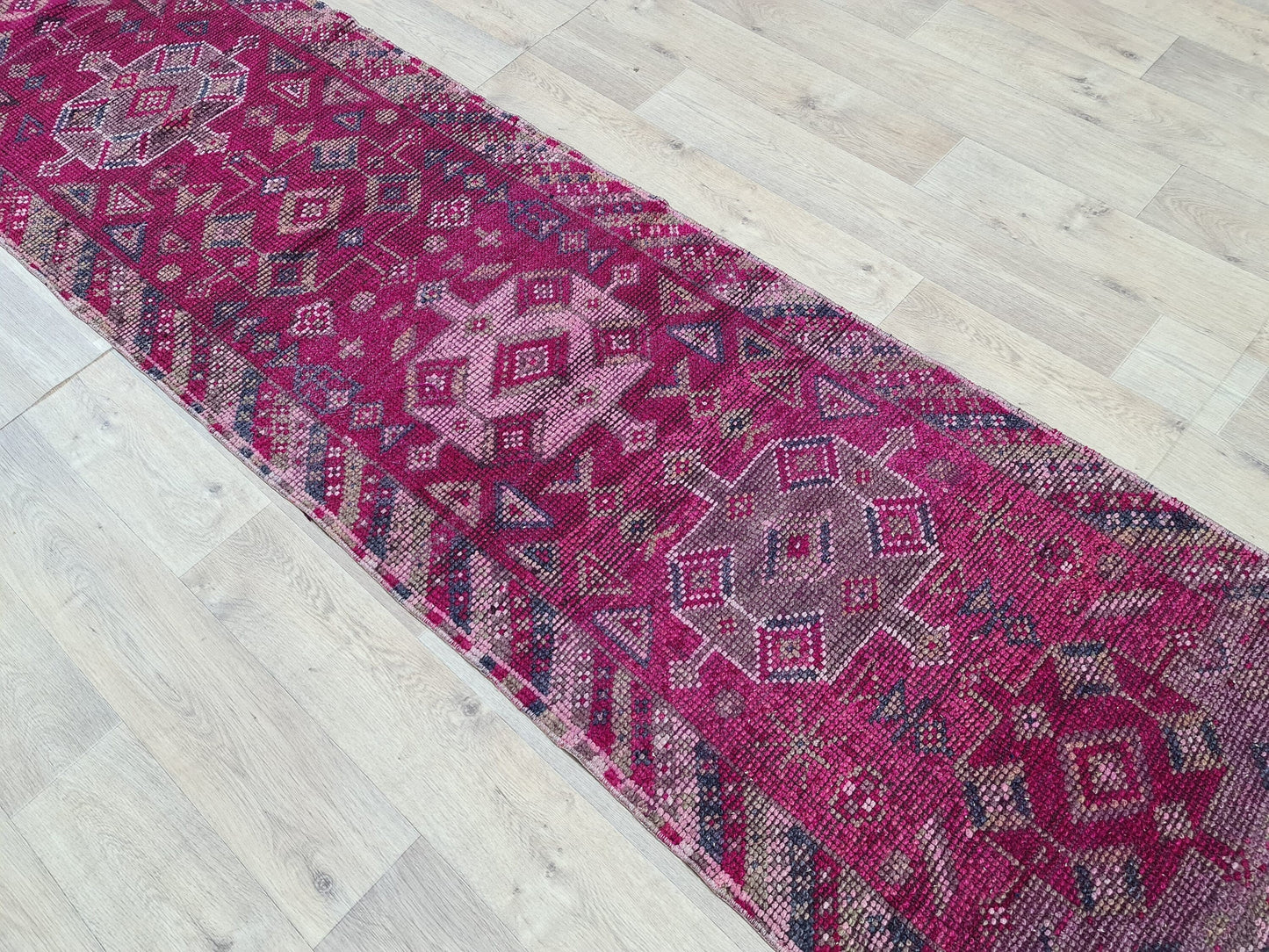 Hand Knotted Wool Herki Runner: 3x13 Vintage Turkish Rug