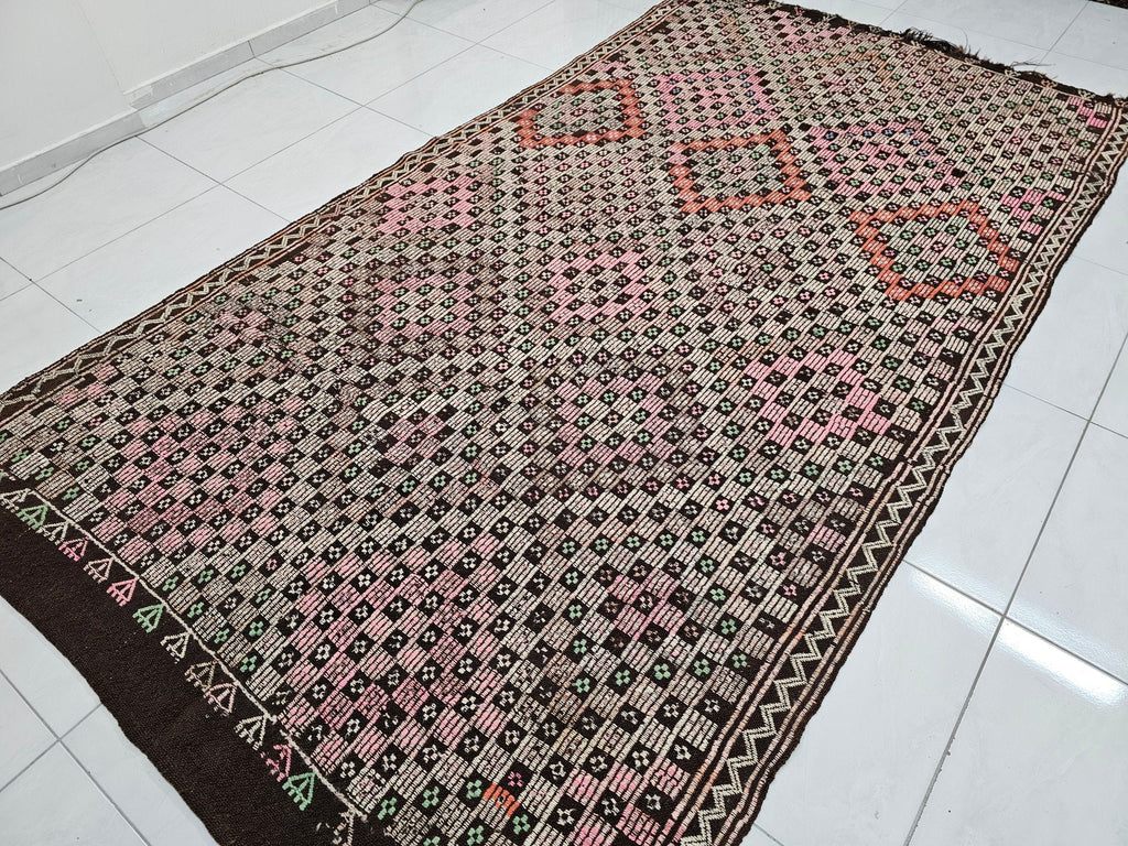 Handmade Wool Checkered Rug: 6x10.75 ft Vintage Eclectic Carpet